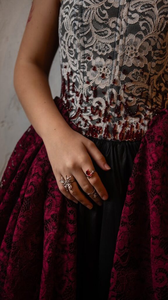 Close-up of lace dress with detailed patterns and rings on a hand.